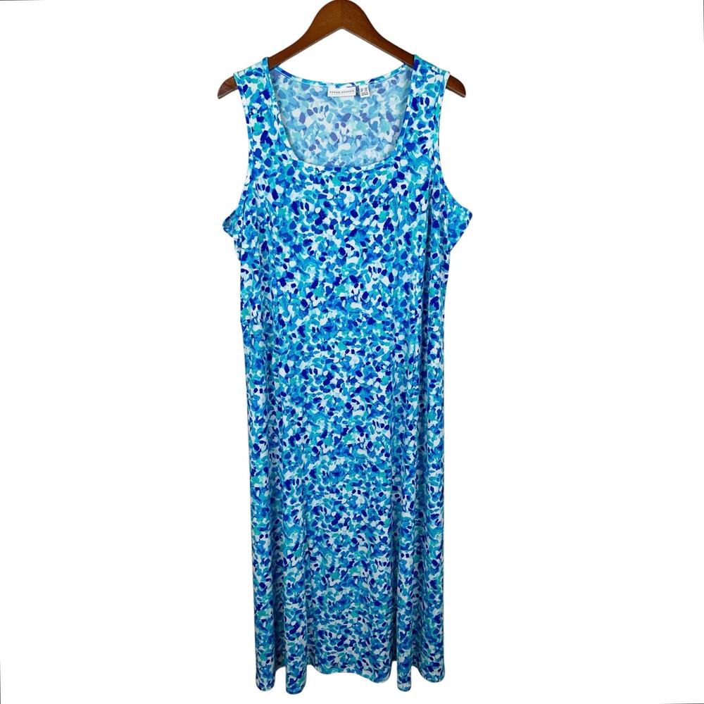 Susan Graver Midi Dress Liquid Knit Sleeveless Blue White Stretchy Women's 1X